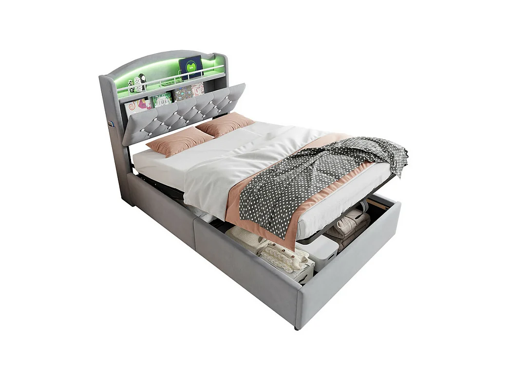 Lit coffre enfant 90x200cm - Velours - - avec LED - avec USB - Gris (matelas non inclus)