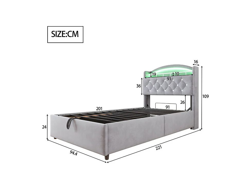 Lit coffre enfant 90x200cm - Velours - - avec LED - avec USB - Gris (matelas non inclus)