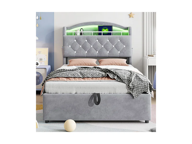 Lit coffre enfant 90x200cm - Velours - - avec LED - avec USB - Gris (matelas non inclus)