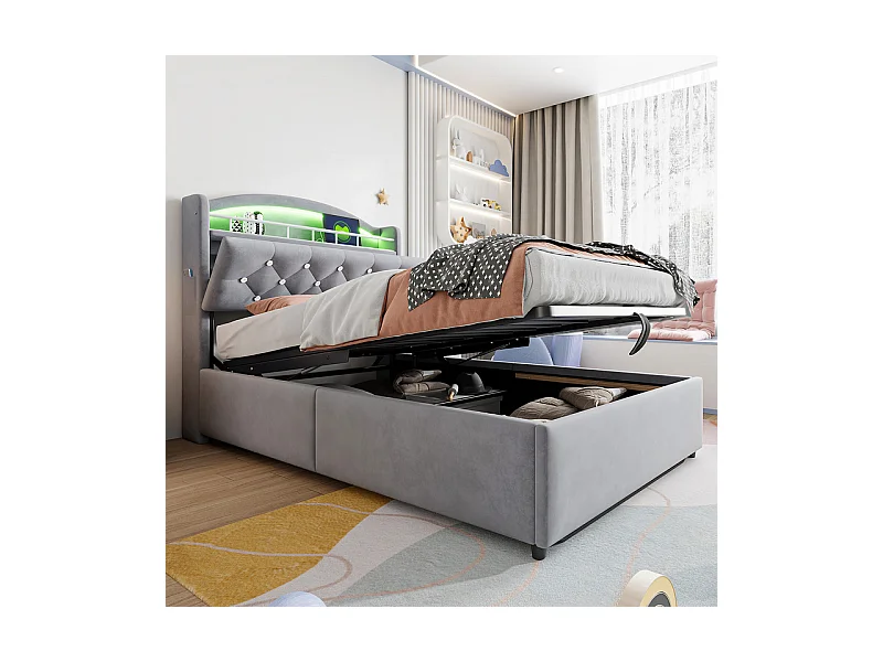 Lit coffre enfant 90x200cm - Velours - - avec LED - avec USB - Gris (matelas non inclus)