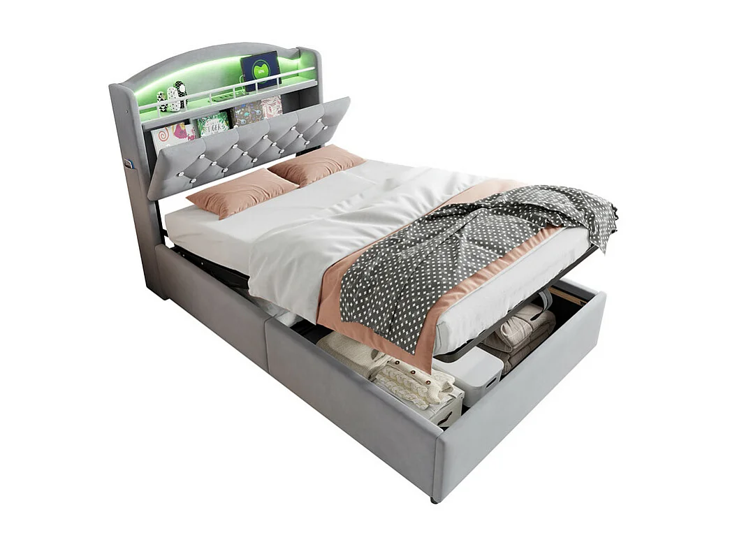 Lit coffre enfant 90x200cm - Velours - - avec LED - avec USB - Gris (matelas non inclus)