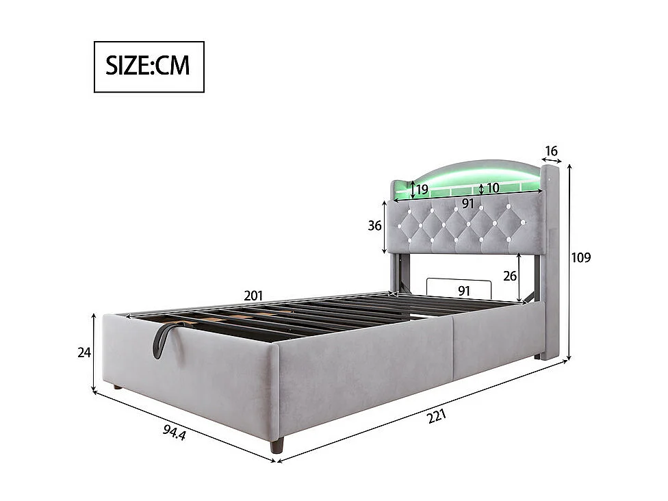 Lit coffre enfant 90x200cm - Velours - - avec LED - avec USB - Gris (matelas non inclus)