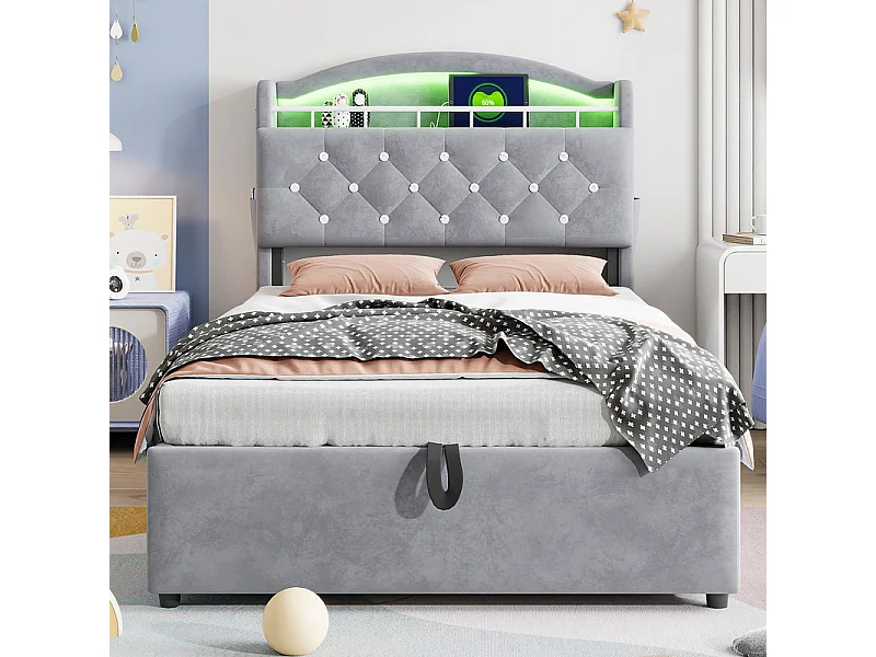 Lit coffre enfant 90x200cm - Velours - - avec LED - avec USB - Gris (matelas non inclus)
