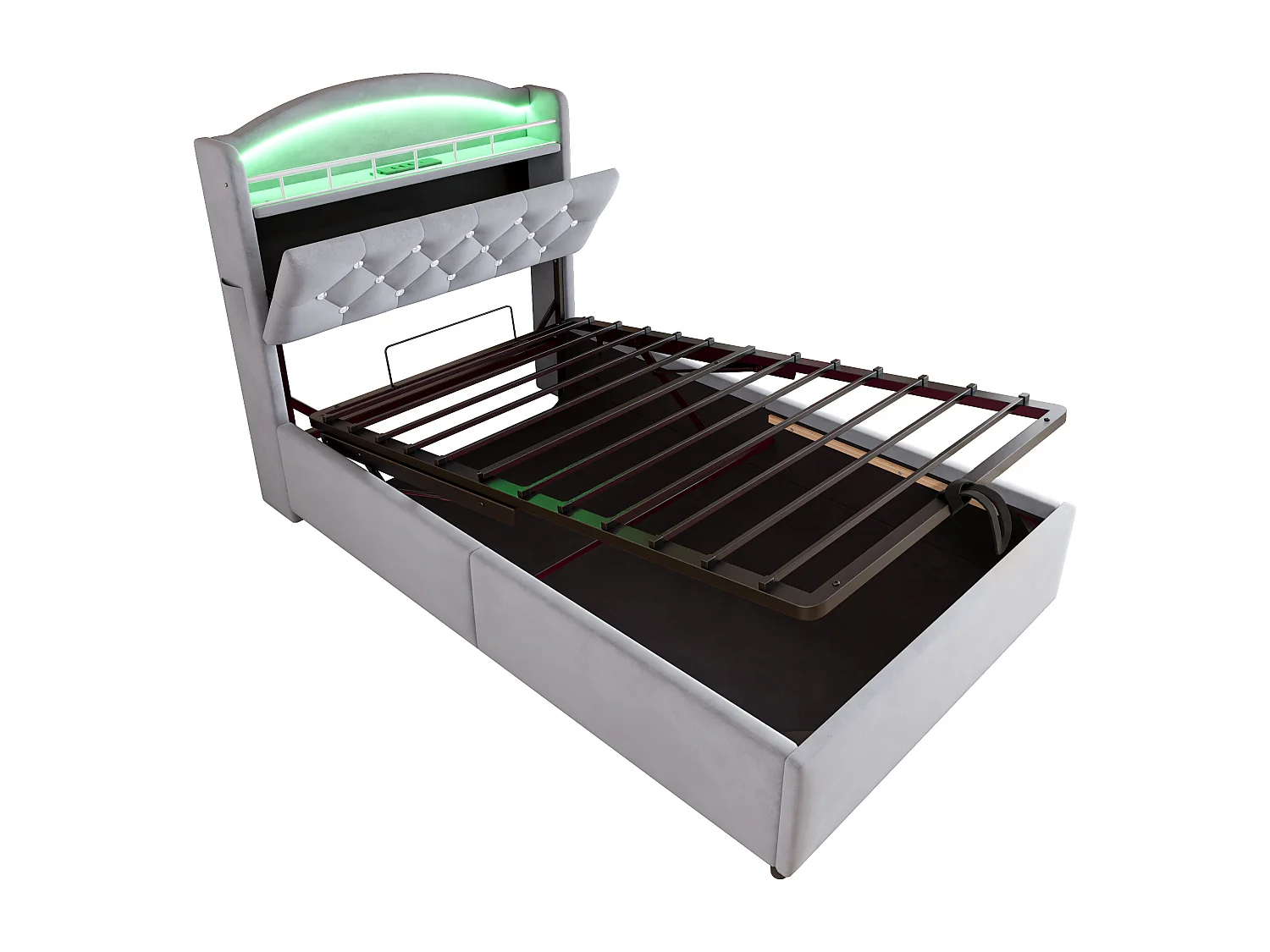 Lit coffre enfant 90x200cm - Velours - - avec LED - avec USB - Gris (matelas non inclus)