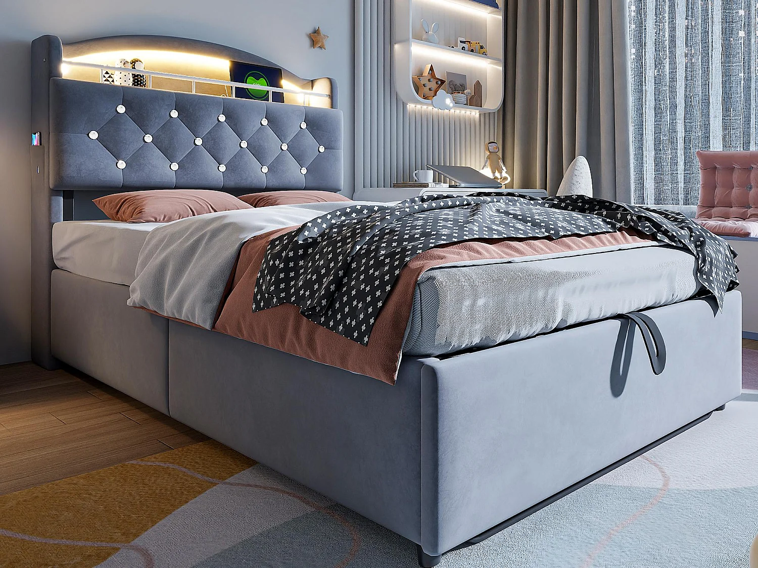 Lit coffre enfant 90x200cm - Velours - - avec LED - avec USB - Gris (matelas non inclus)