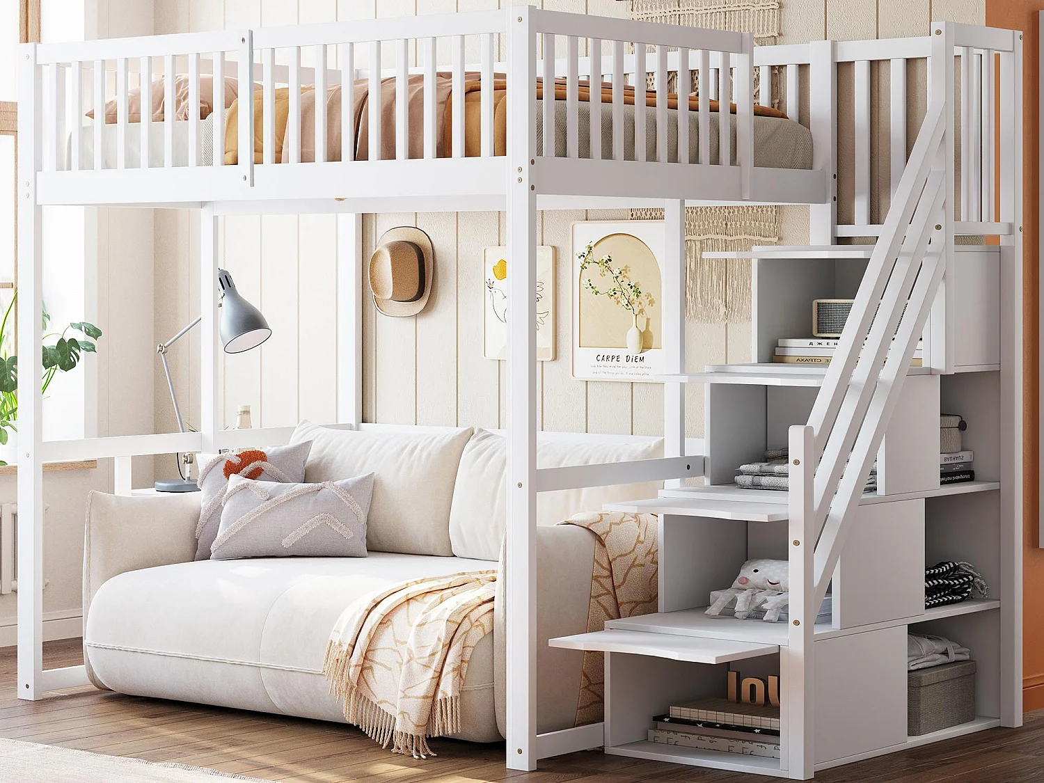 Lit mezzanine 140x200cm - Avec échelle de rangement sécurisée - Barrières de sécurité - Bois massif - Blanc (matelas non inclus)