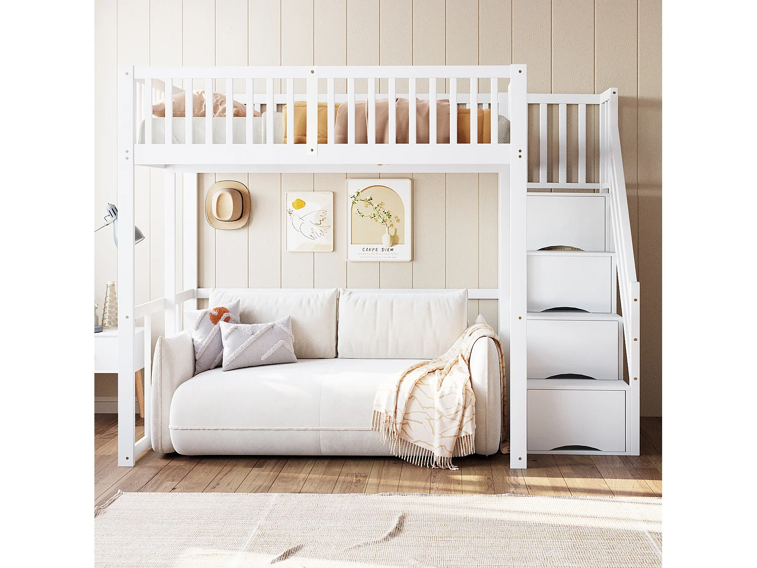 Lit mezzanine 140x200cm - Avec échelle de rangement sécurisée - Barrières de sécurité - Bois massif - Blanc (matelas non inclus)