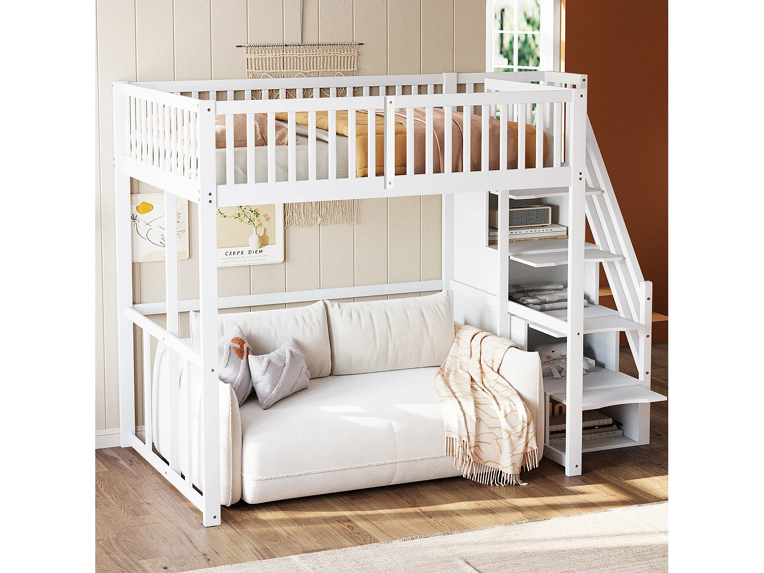 Lit mezzanine 140x200cm - Avec échelle de rangement sécurisée - Barrières de sécurité - Bois massif - Blanc (matelas non inclus)