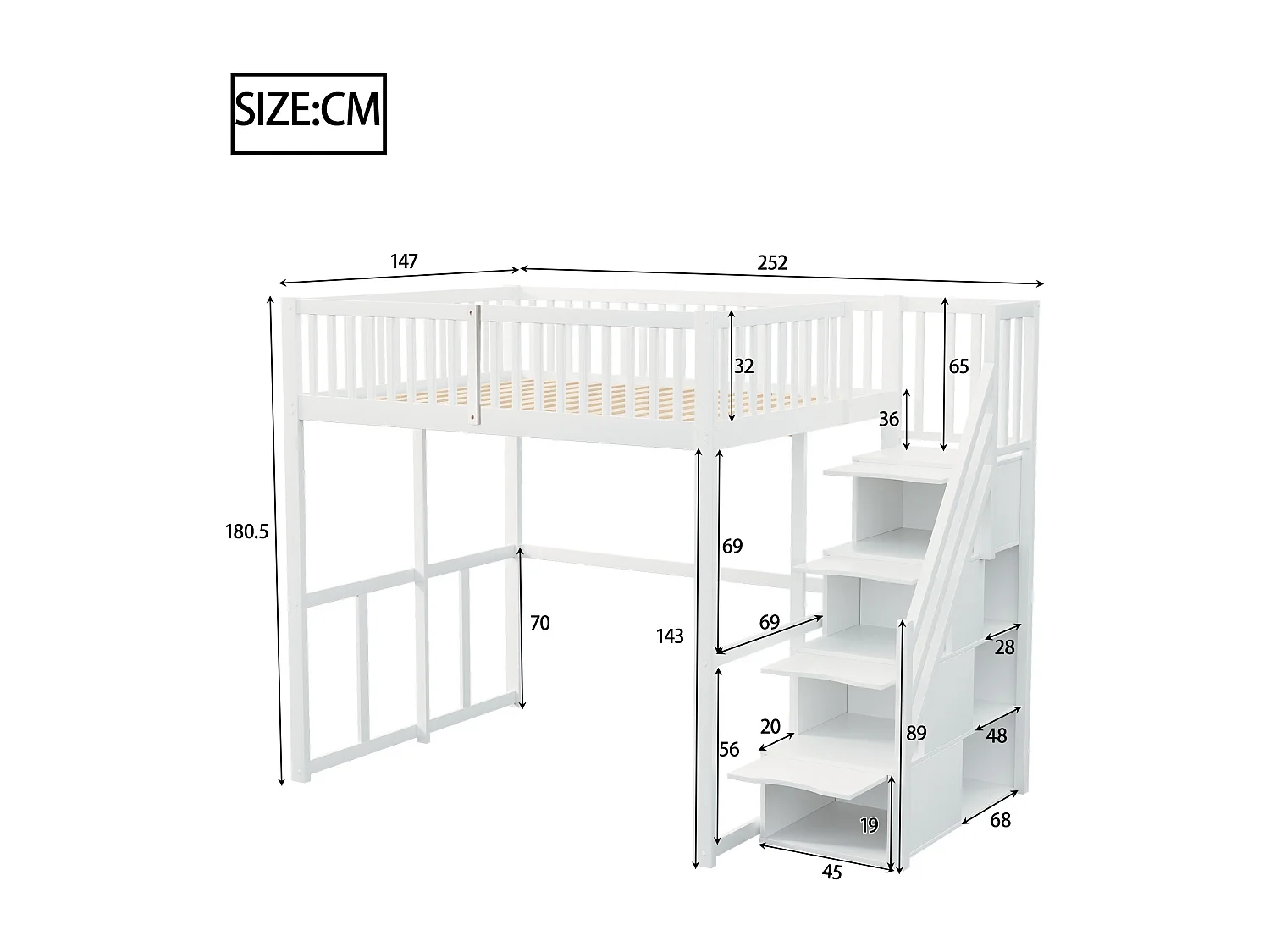 Lit mezzanine 140x200cm - Avec échelle de rangement sécurisée - Barrières de sécurité - Bois massif - Blanc (matelas non inclus)