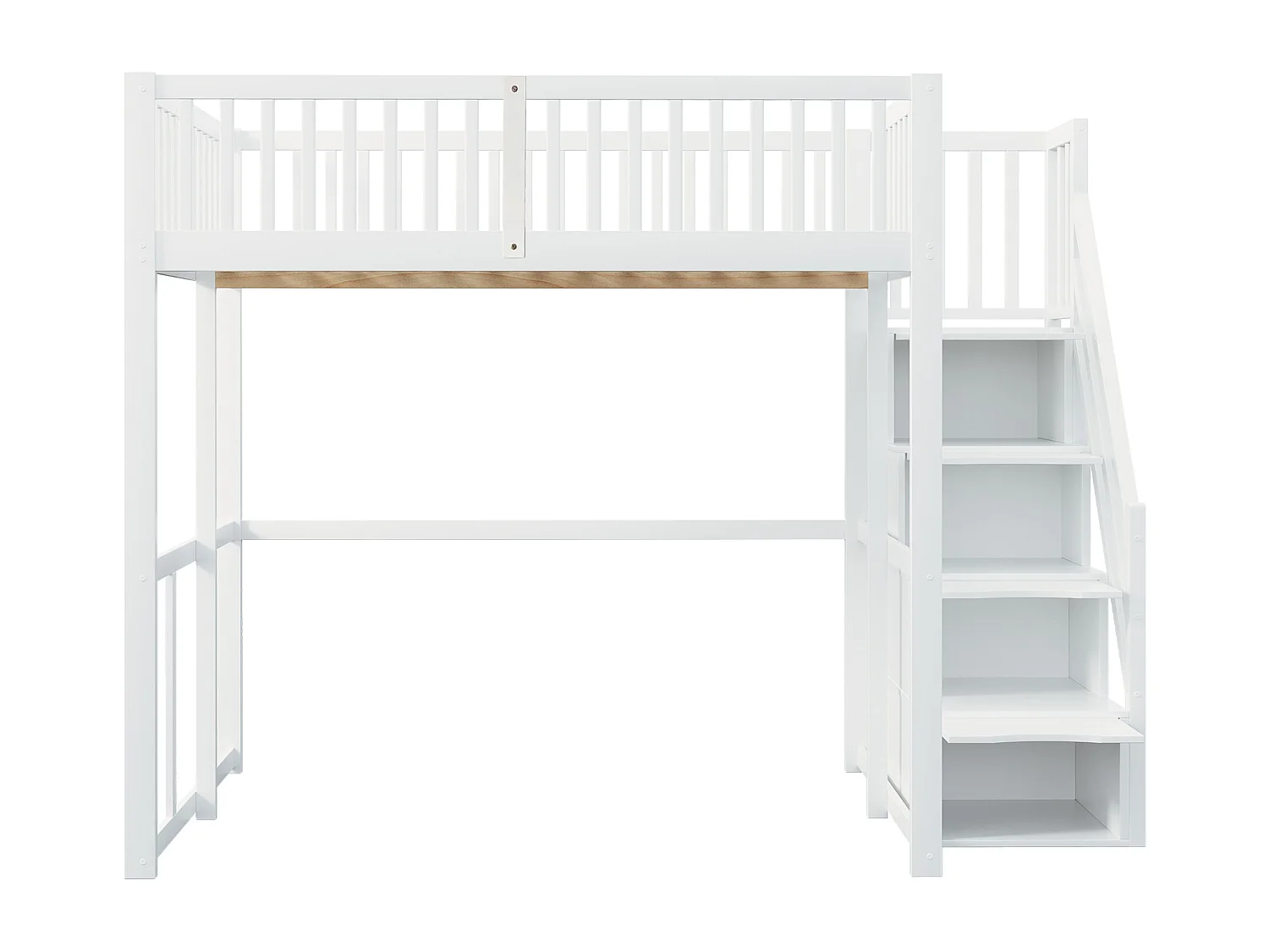 Lit mezzanine 140x200cm - Avec échelle de rangement sécurisée - Barrières de sécurité - Bois massif - Blanc (matelas non inclus)