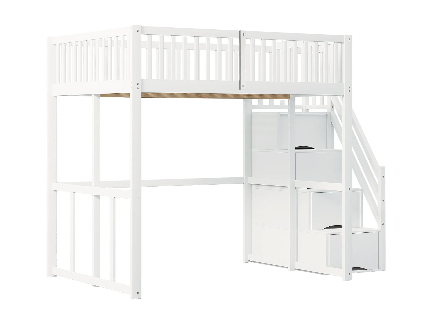 Lit mezzanine 140x200cm - Avec échelle de rangement sécurisée - Barrières de sécurité - Bois massif - Blanc (matelas non inclus)