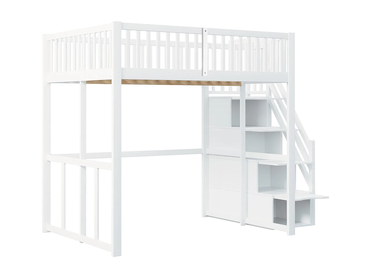 Lit mezzanine 140x200cm - Avec échelle de rangement sécurisée - Barrières de sécurité - Bois massif - Blanc (matelas non inclus)