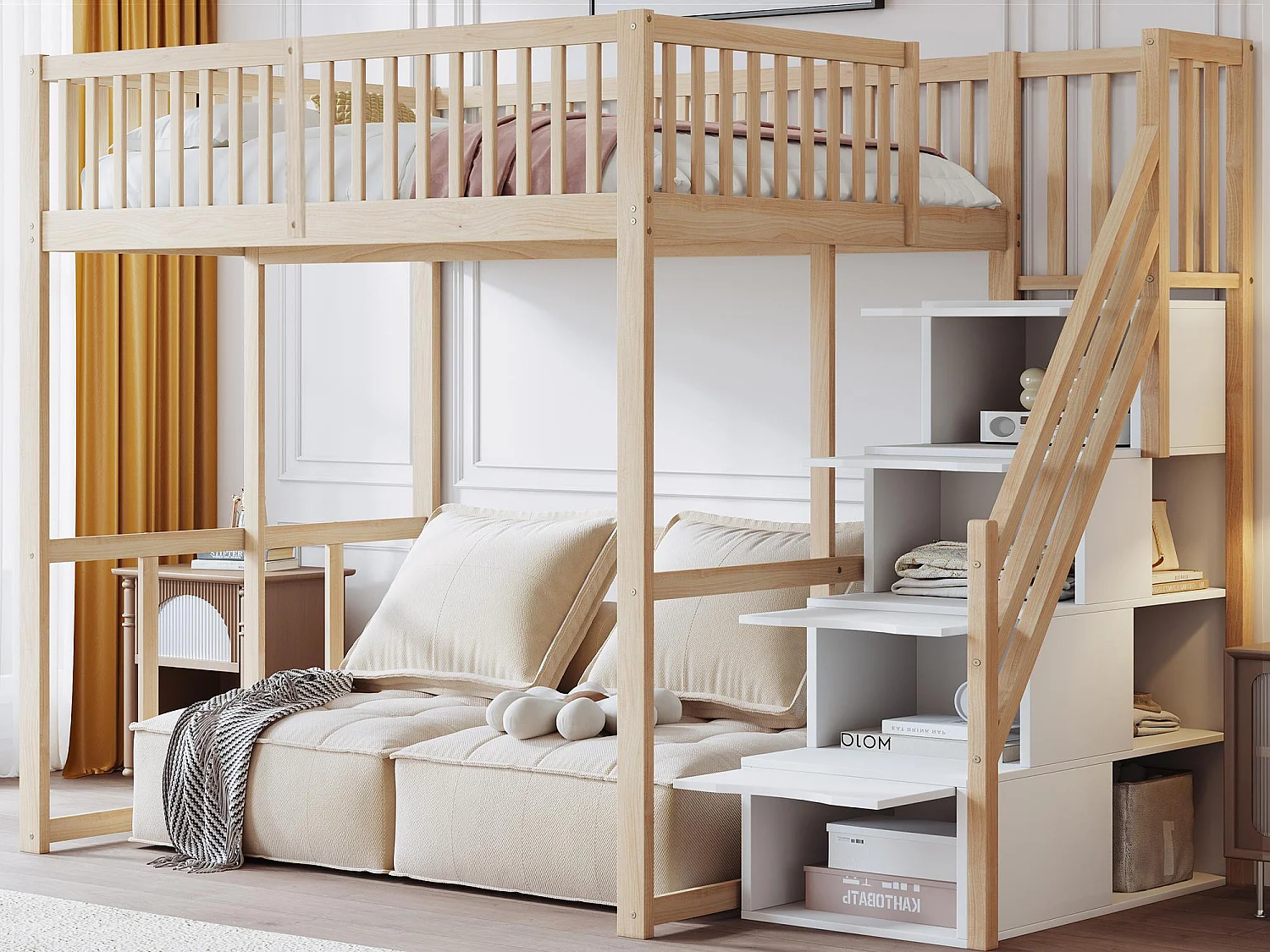 Hochbett 140x200cm - Mit sicherer Aufbewahrungsleiter - Sicherheitsbarrieren - Massivholz - Natur (ohne Matratze)