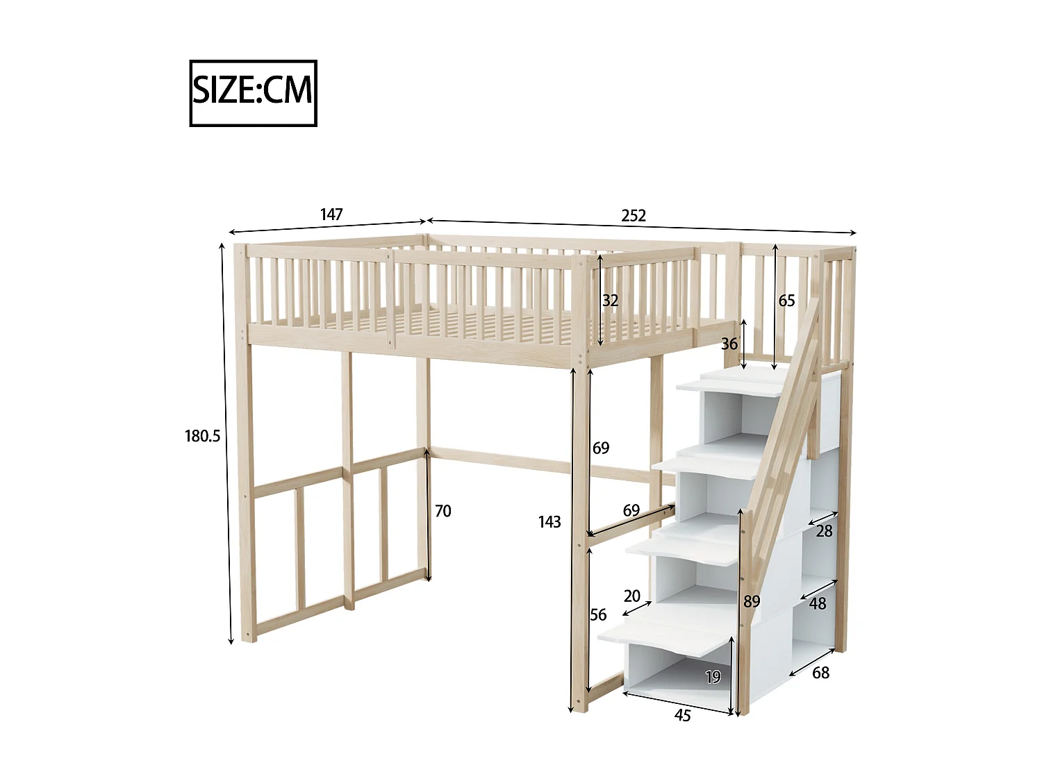 Hochbett 140x200cm - Mit sicherer Aufbewahrungsleiter - Sicherheitsbarrieren - Massivholz - Natur (ohne Matratze)