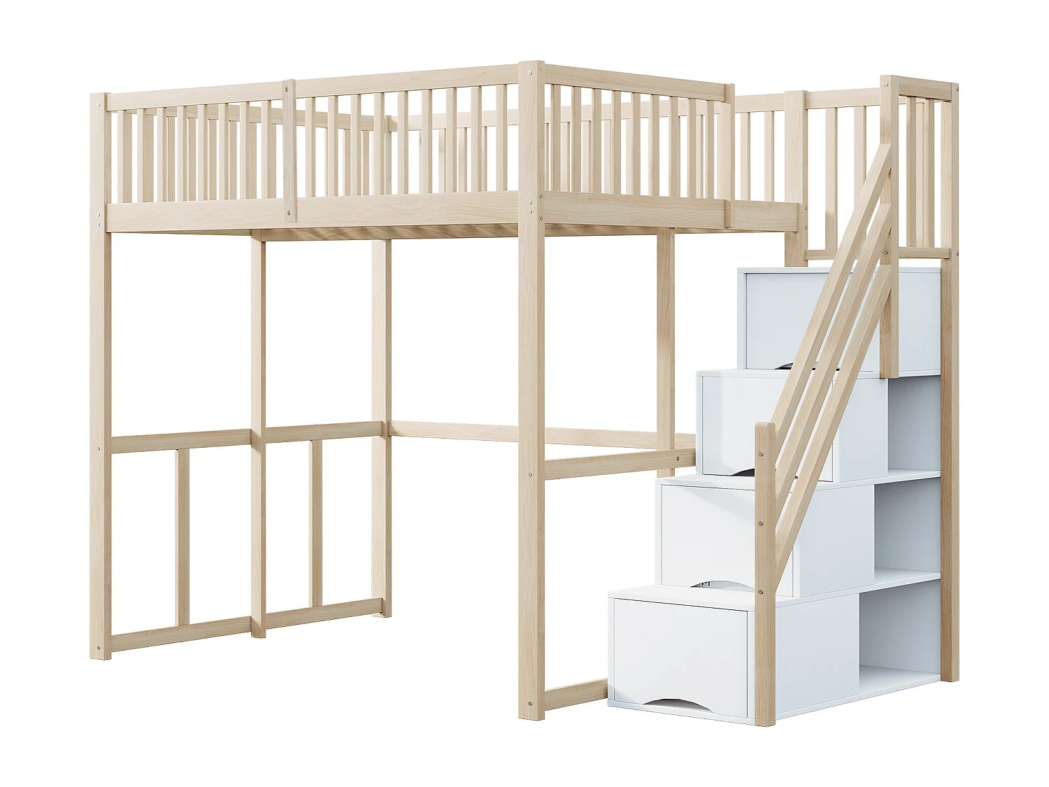 Hochbett 140x200cm - Mit sicherer Aufbewahrungsleiter - Sicherheitsbarrieren - Massivholz - Natur (ohne Matratze)
