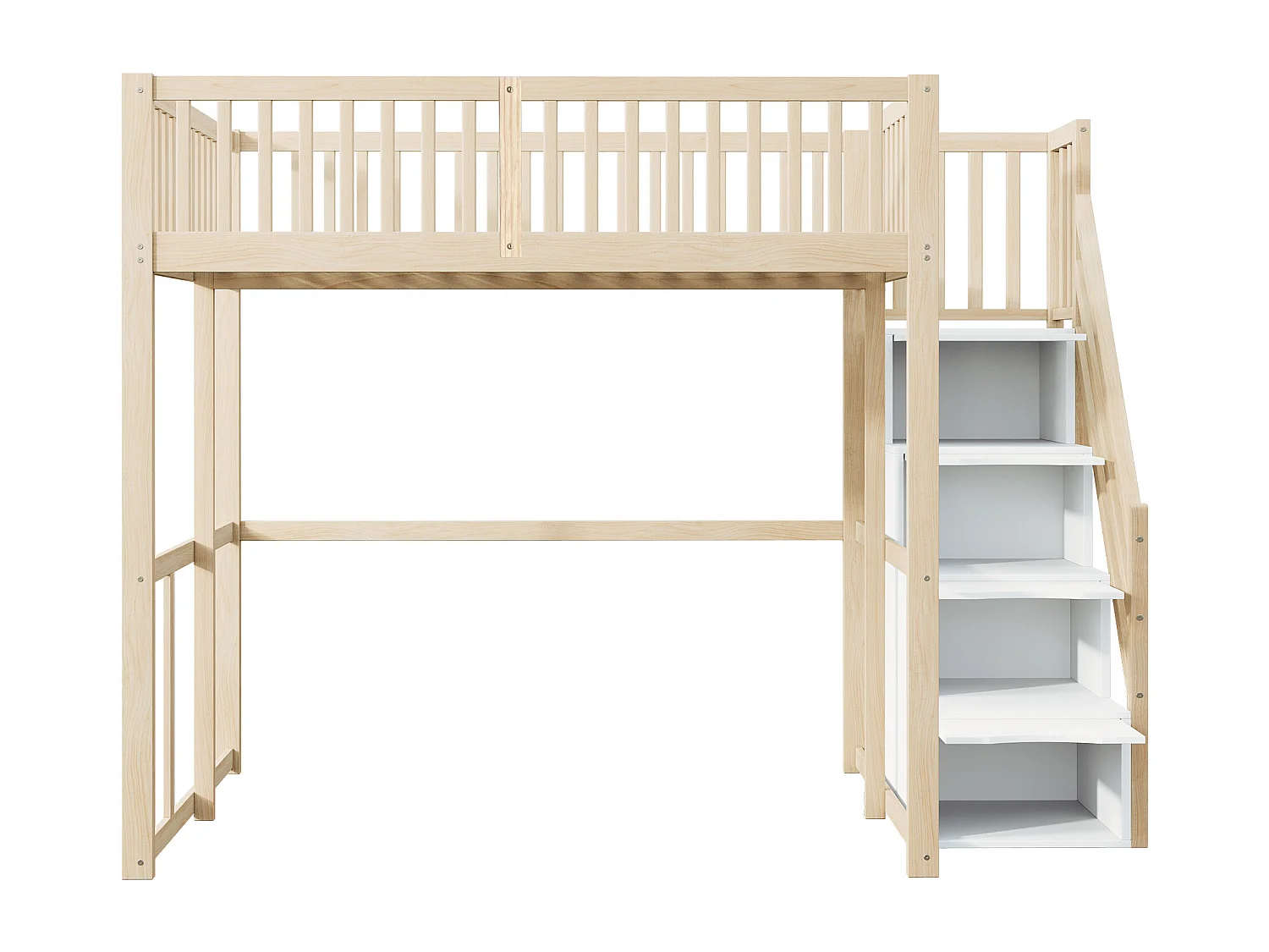 Hochbett 140x200cm - Mit sicherer Aufbewahrungsleiter - Sicherheitsbarrieren - Massivholz - Natur (ohne Matratze)