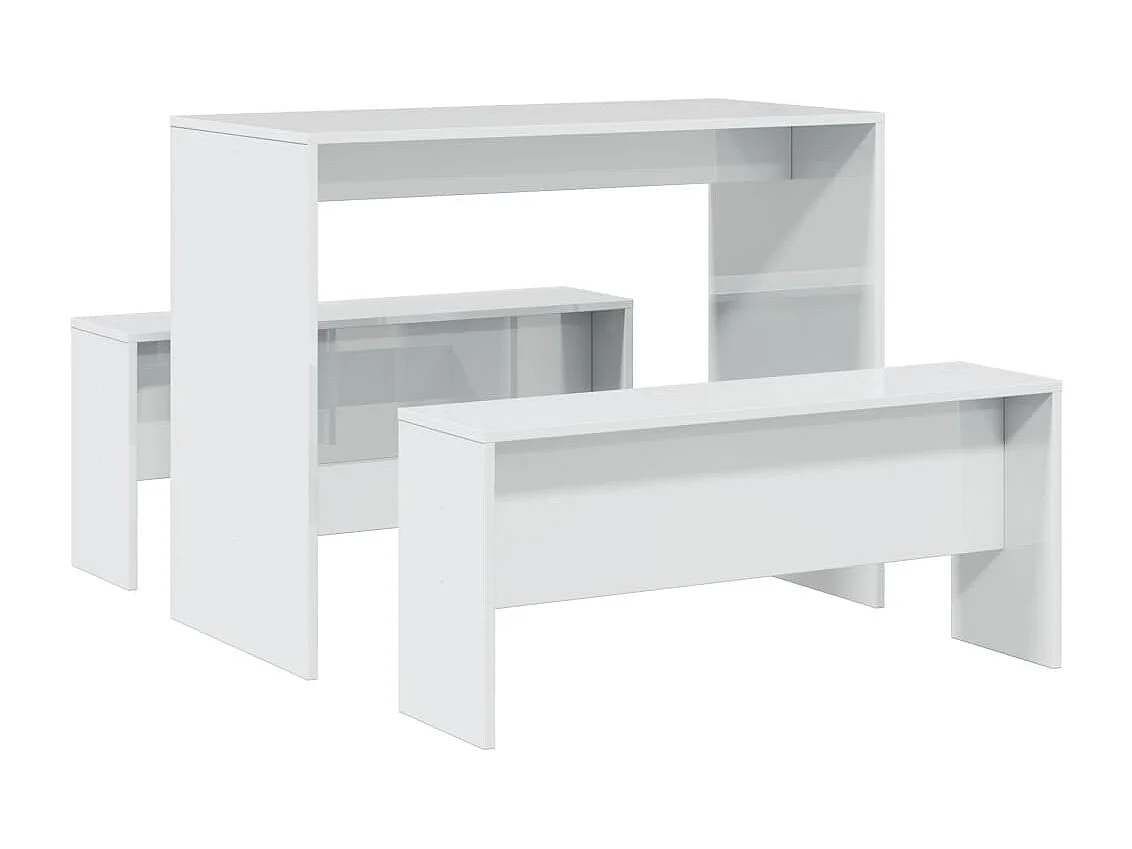 3 pcs conj. mesa jantar e banco deriv. madeira branco brilhante