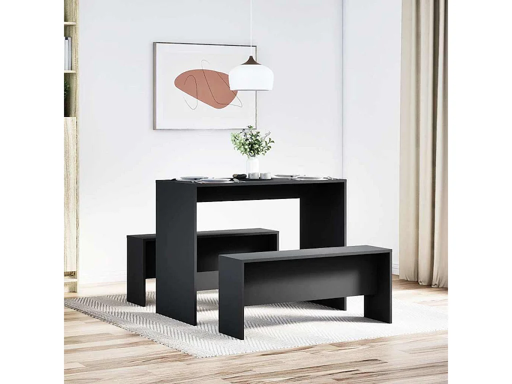 3 pcs conj. mesa de jantar e banco derivados de madeira preto