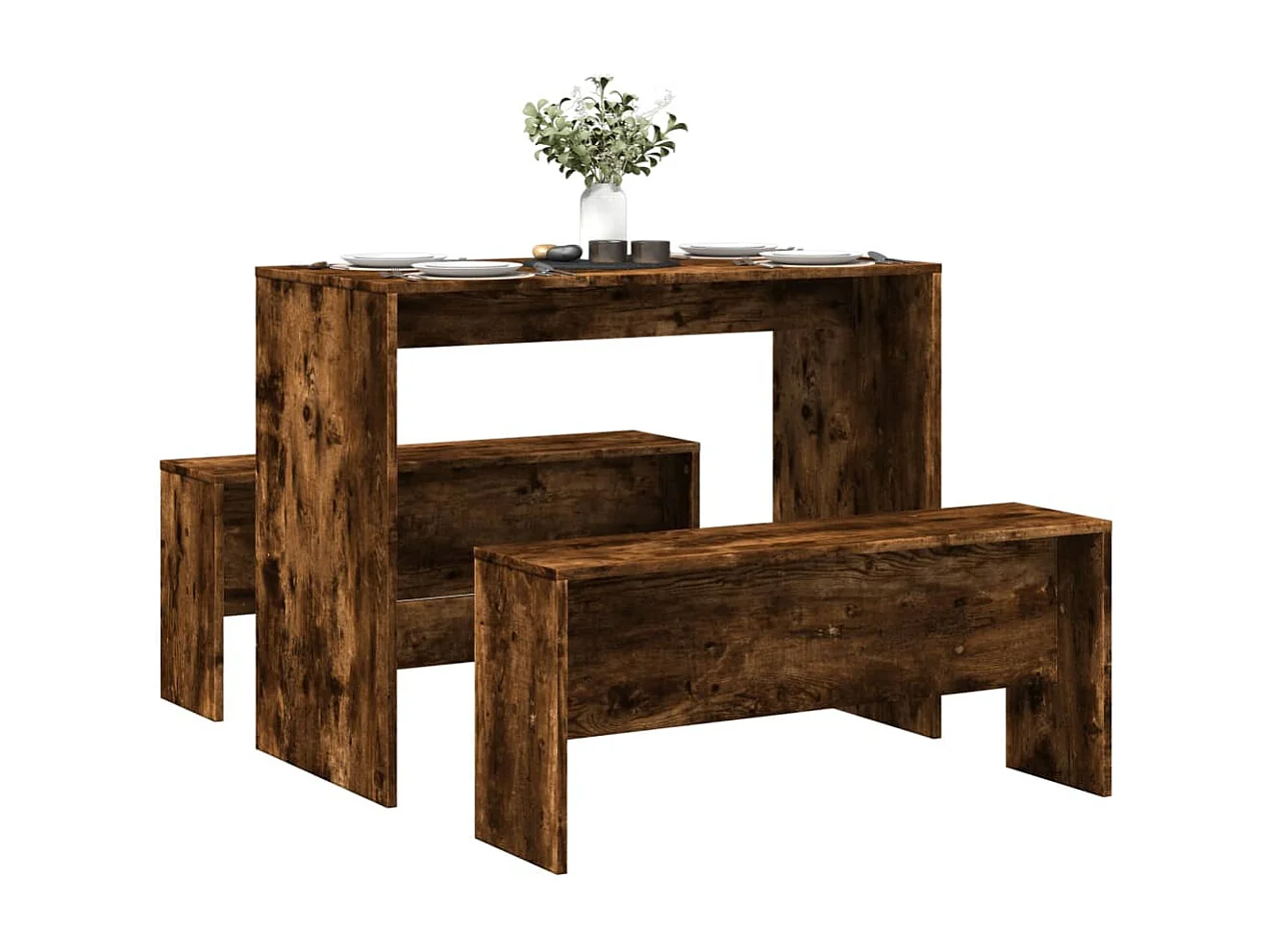 3-tlg. Esstisch und Bank Set Räuchereiche Holzwerkstoff