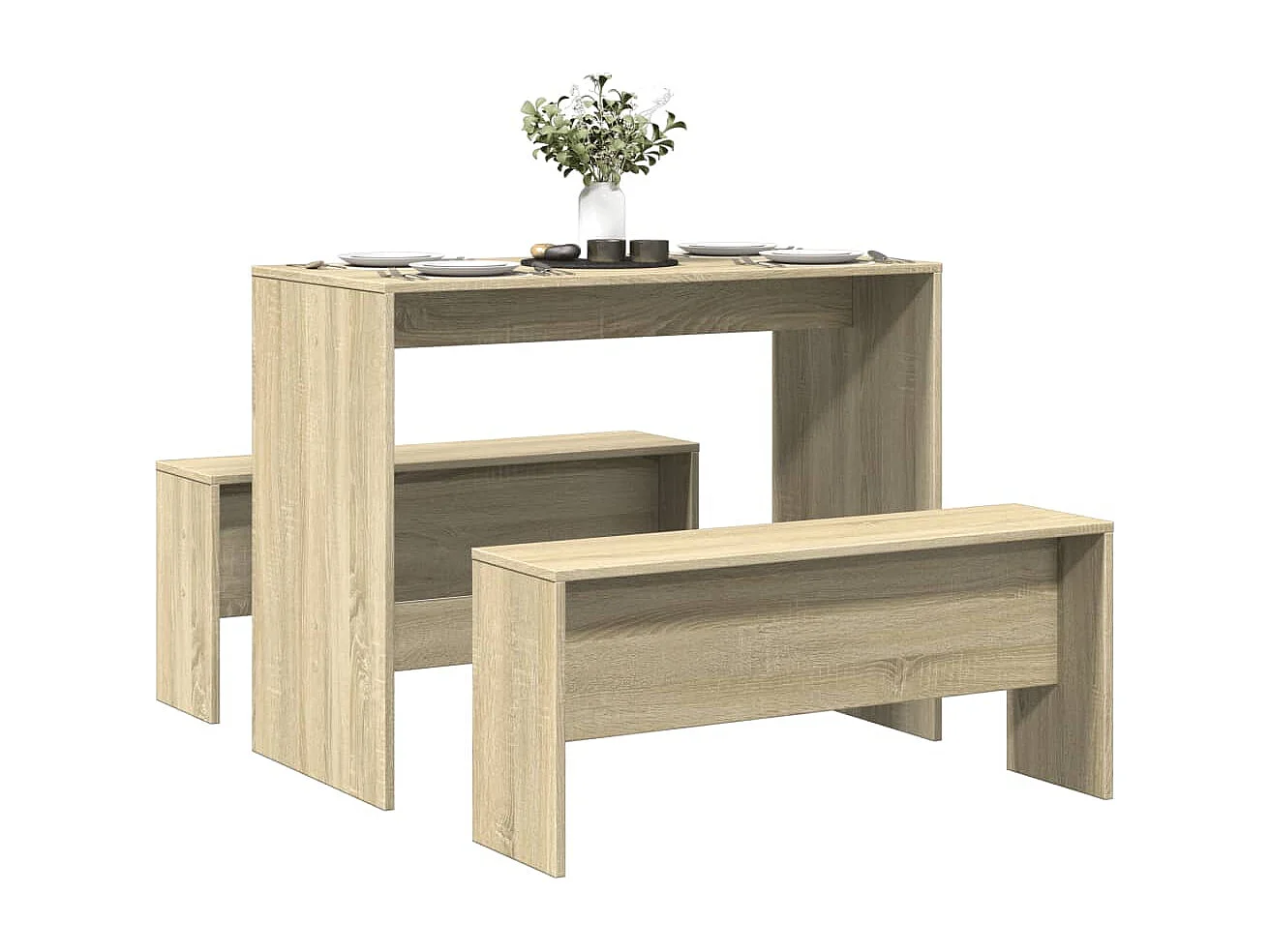 3-delige Eettafel en bankenset bewerkt hout sonoma eikenkleurig