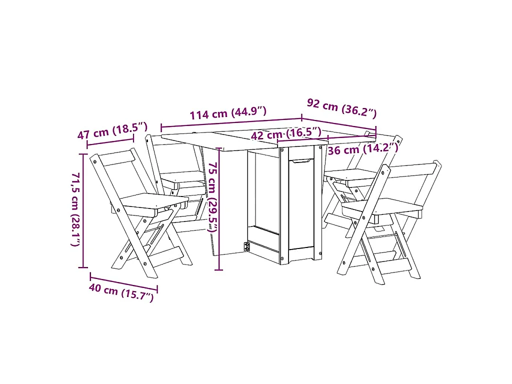 Set comedor plegable mariposa 5 pzas Corona madera pino blanco