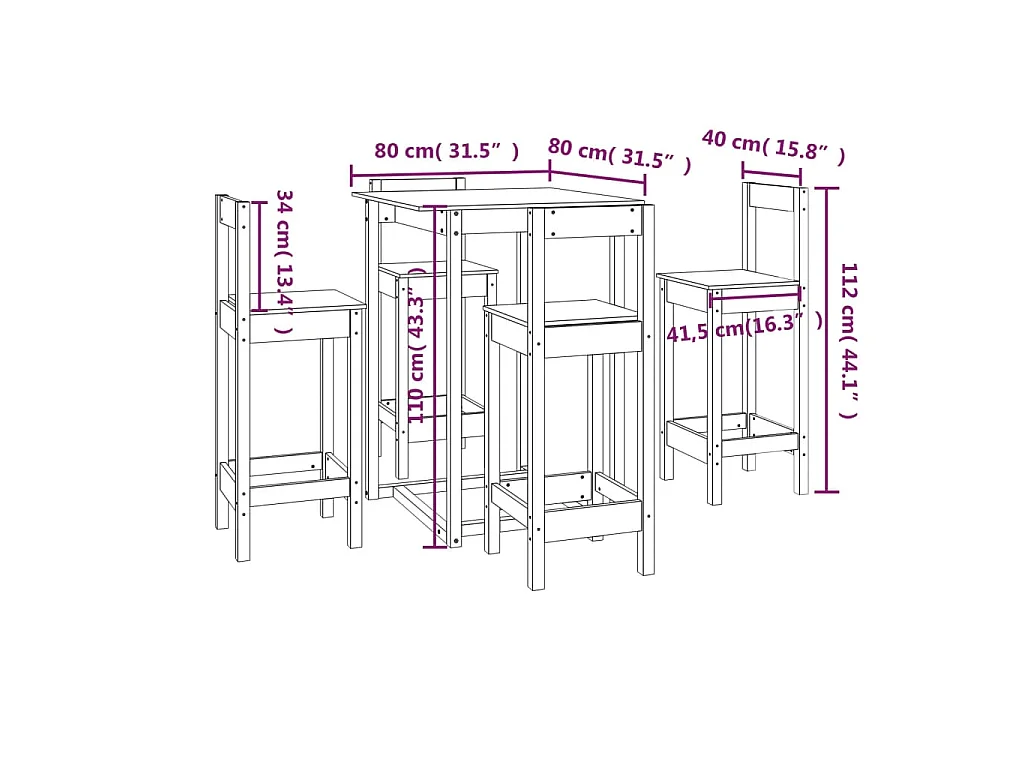 Ensemble de bar 5 pcs Bois de pin massif