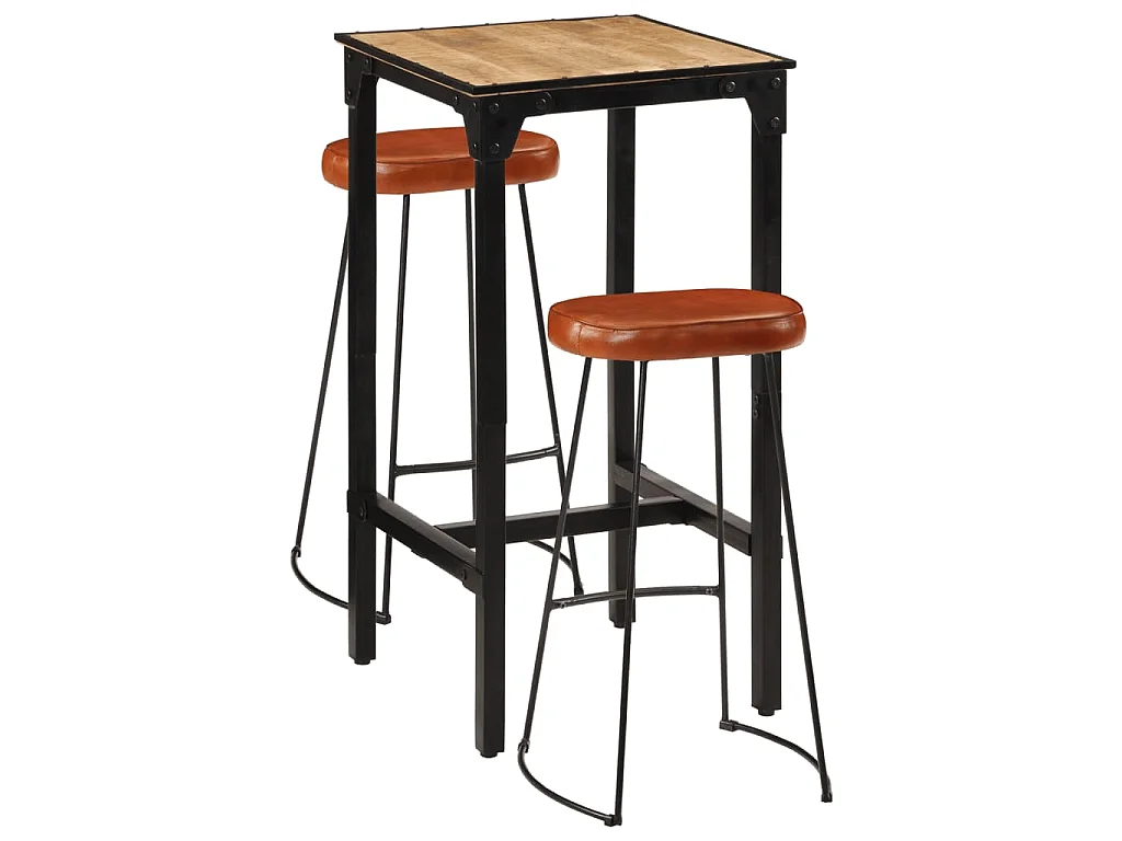 Ensemble de bar 3 pcs bois de manguier brut massif et métal