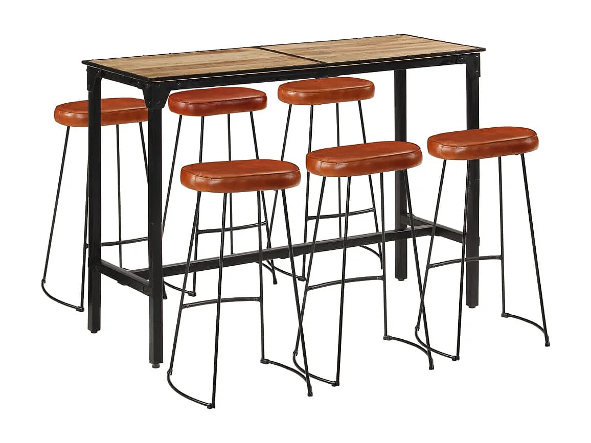 Ensemble de bar 7 pcs bois de manguier brut massif et métal