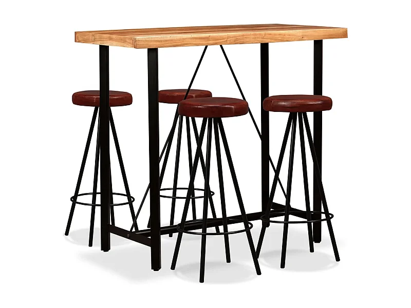 Set da Bar 5 pz in Legno Massello di Acacia e Vera Pelle