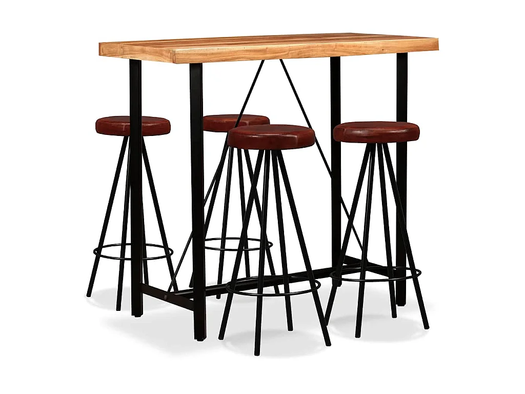 Ensemble de bar 5 pcs Bois d'acacia massif et cuir véritable
