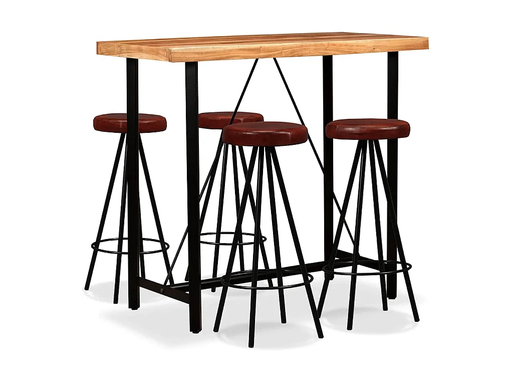Ensemble de bar 5 pcs Bois d'acacia massif et cuir véritable