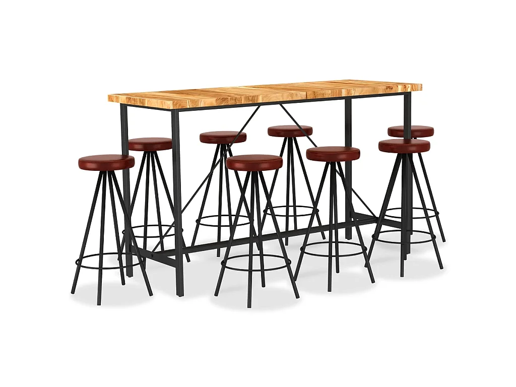 Ensemble de bar 9 pcs Bois d'acacia solide et cuir véritable