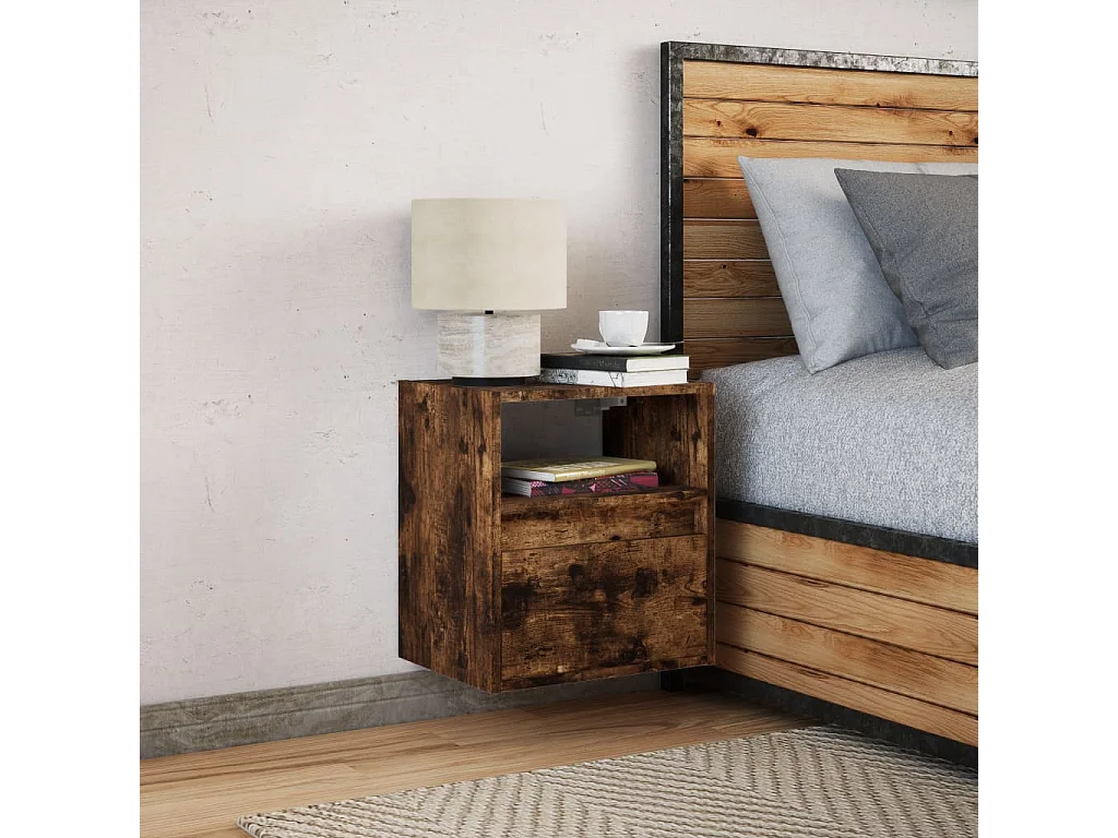 Table de chevet murale avec lumières LED chêne fumé