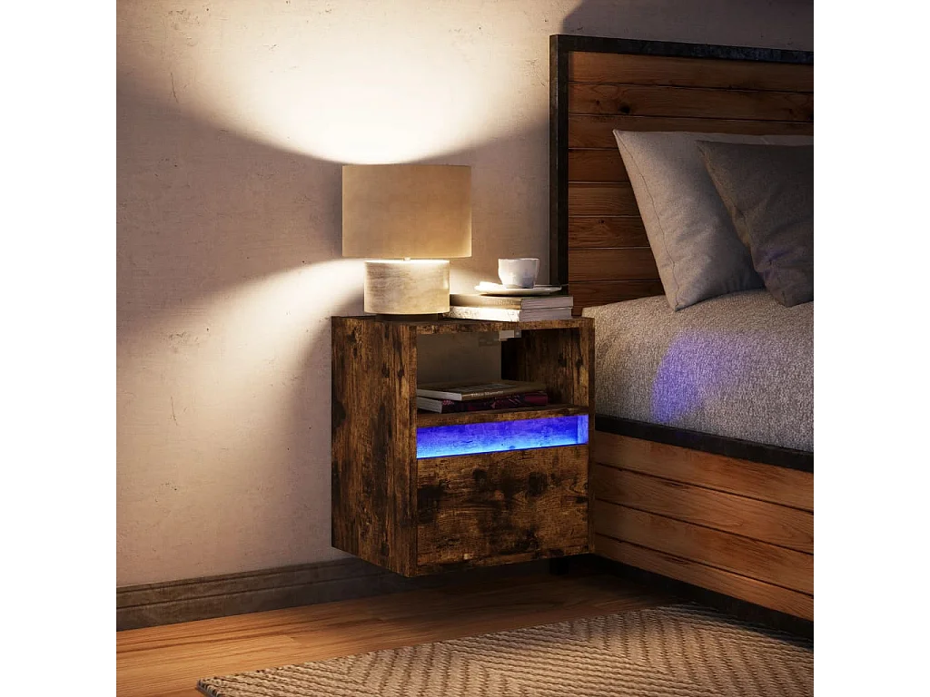 Mesita de noche de pared con luces LED roble ahumado