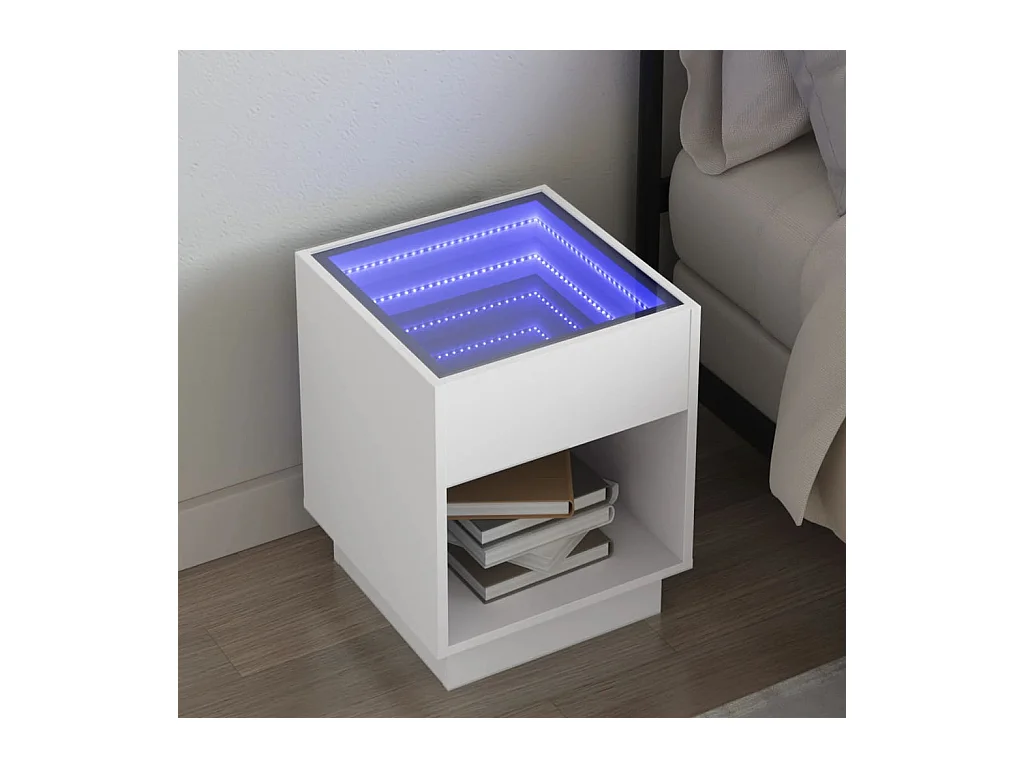 Table de chevet avec LED infini blanc 40x40x50 cm