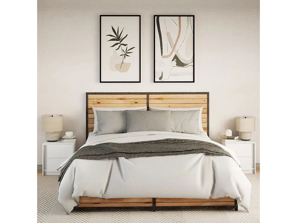 Armoires de chevet et lumières LED 2pcs blanc bois d'ingénierie