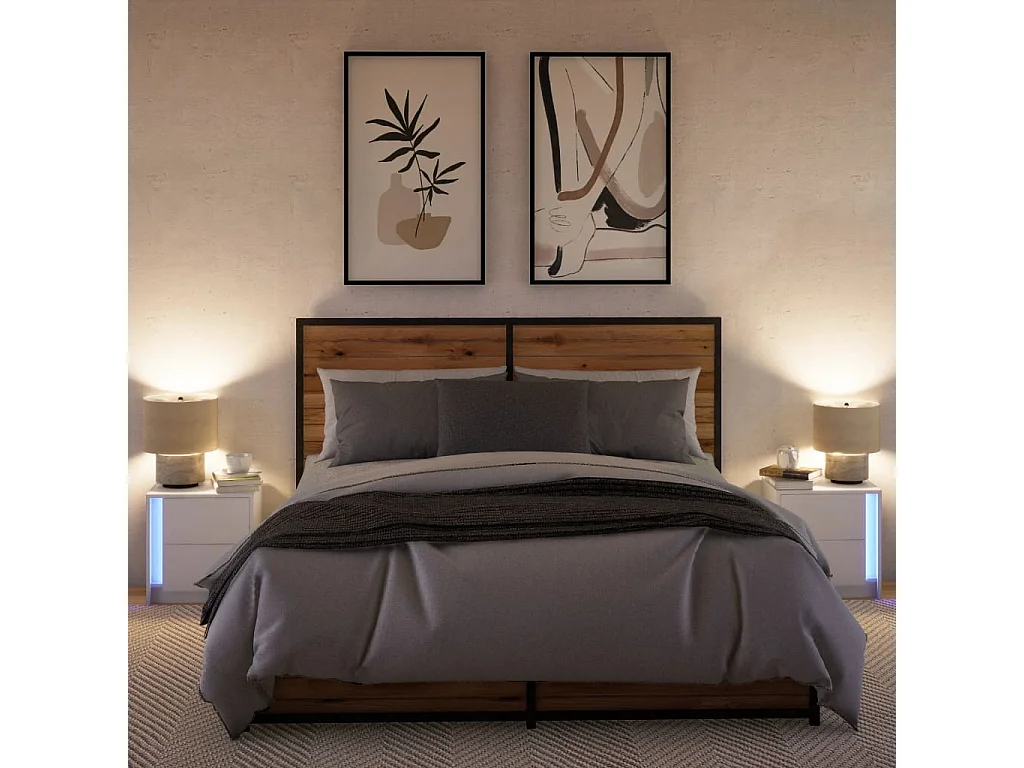 Armoires de chevet et lumières LED 2pcs blanc bois d'ingénierie