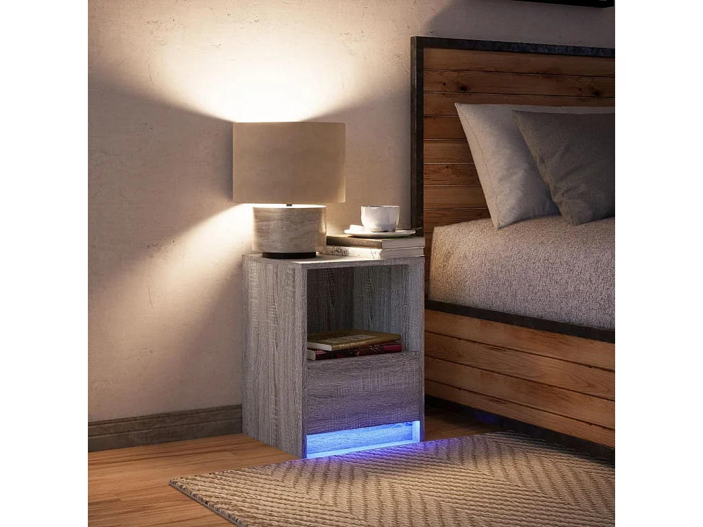 Armoires de chevet et lumières LED 2 pcs chêne fumé