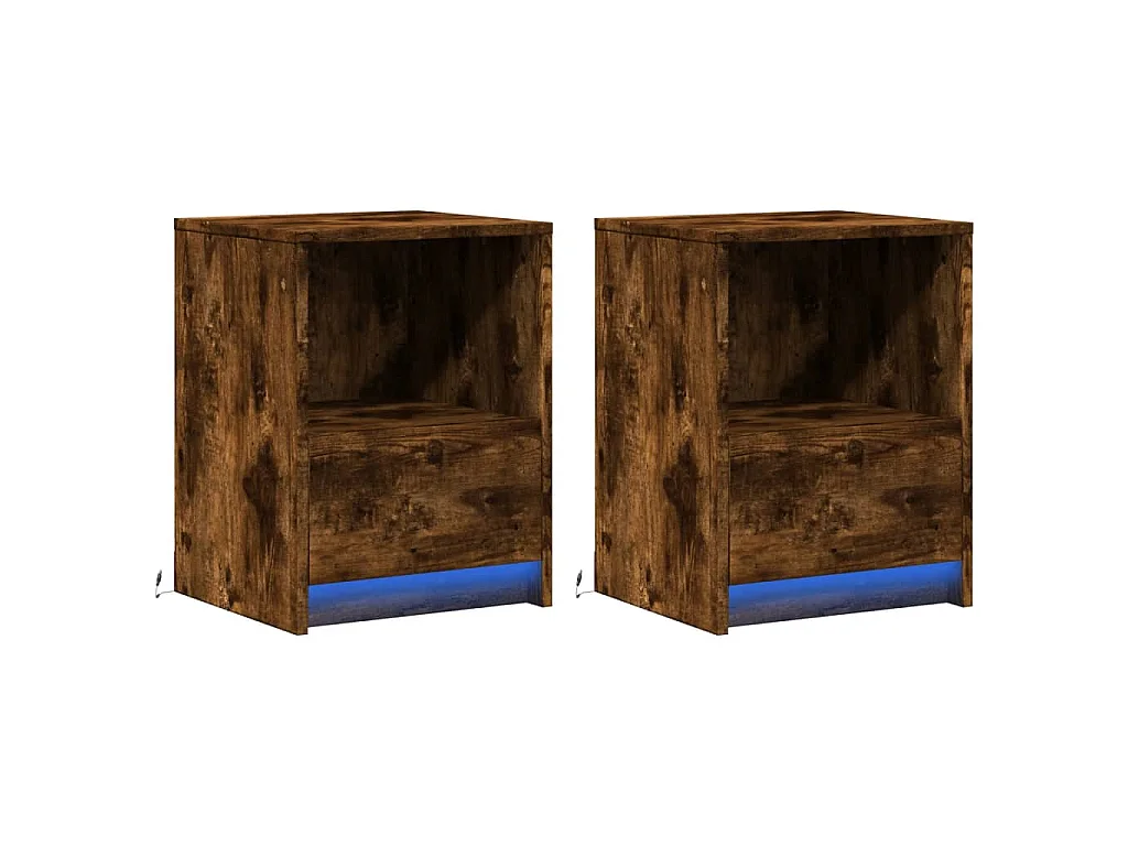 Armoires de chevet et lumières LED 2 pcs chêne fumé