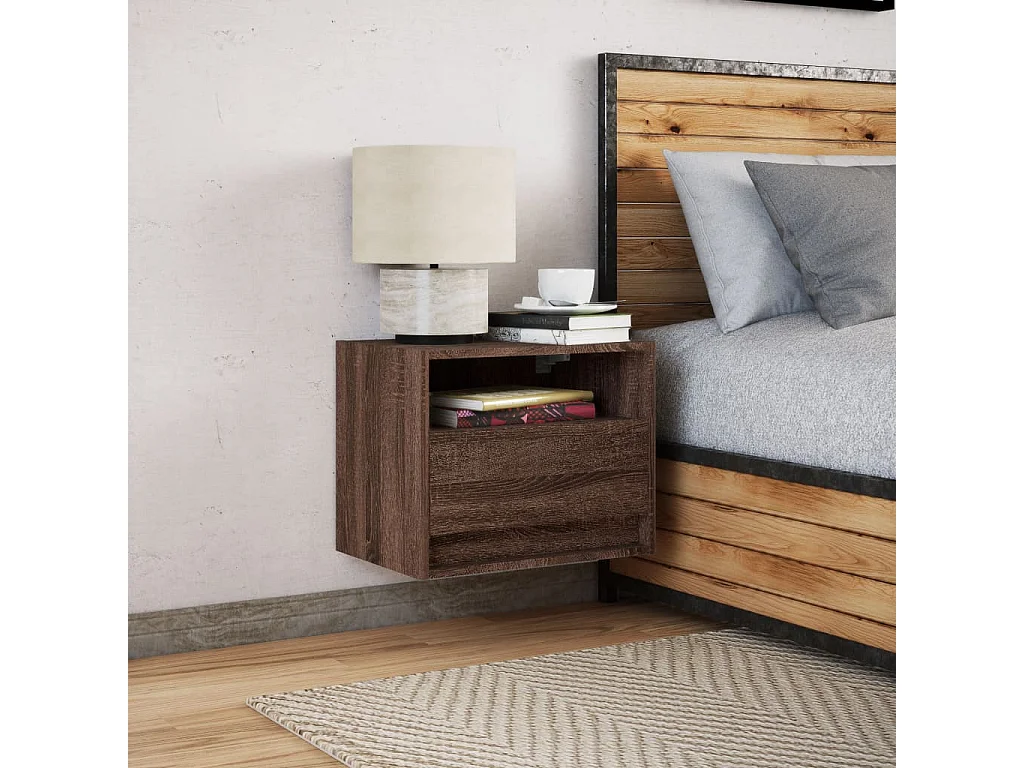 Table de chevet murale avec lumières LED chêne marron