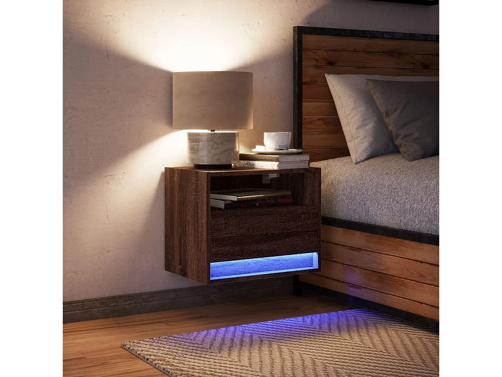 Table de chevet murale avec lumières LED chêne marron