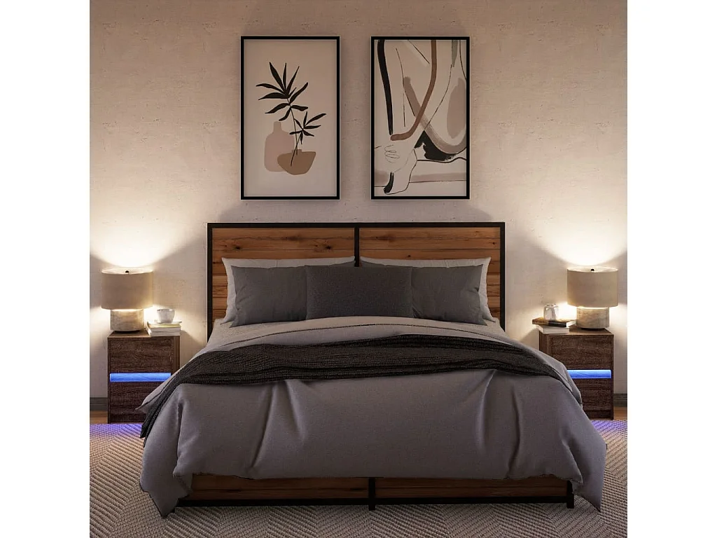 Armoires de chevet et lumières LED 2 pcs chêne marron