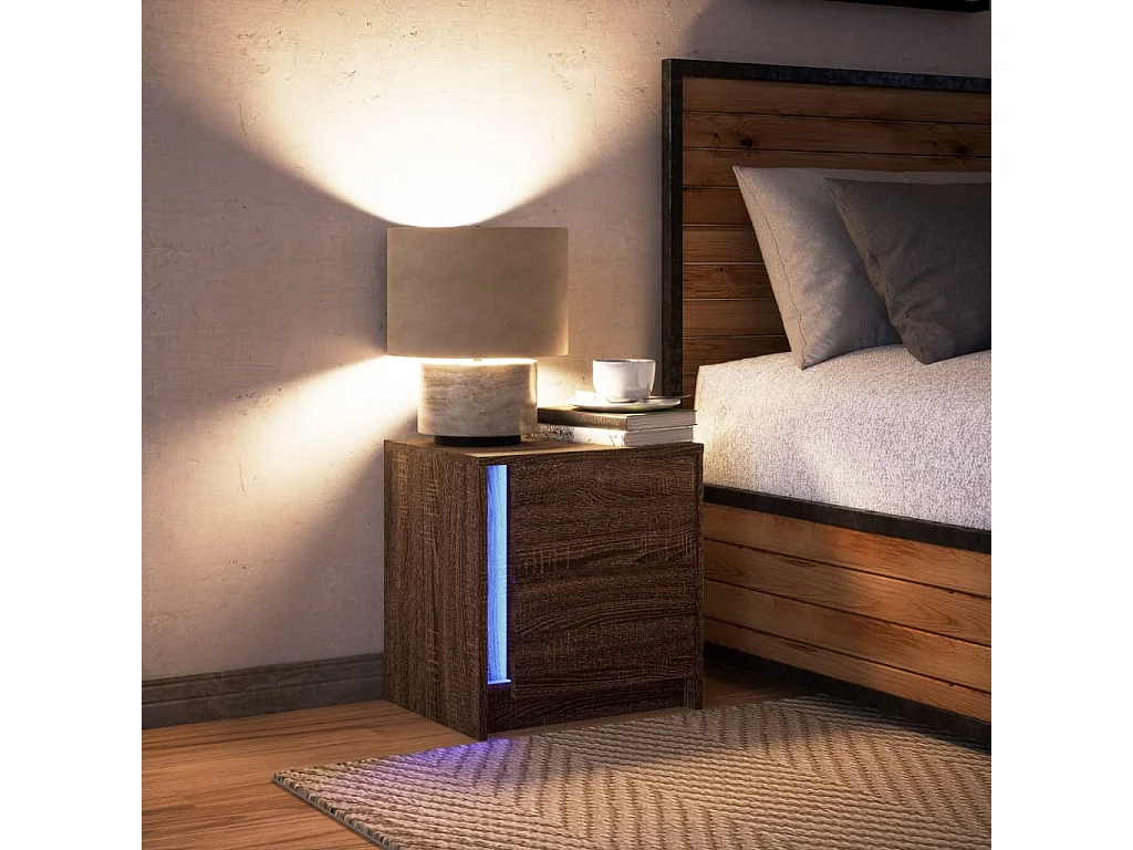 Armoire de chevet et lumières LED chêne marron bois ingénierie