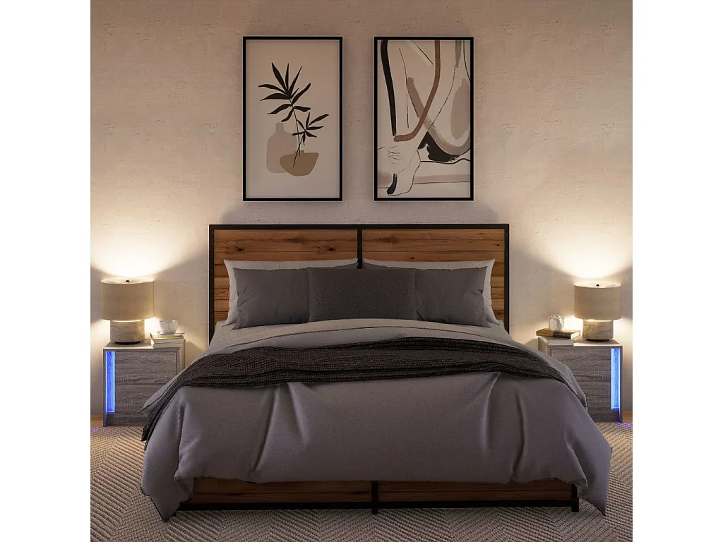 Nachttische mit LED-Leuchten 2 Stk. Grau Sonoma Holzwerkstoff
