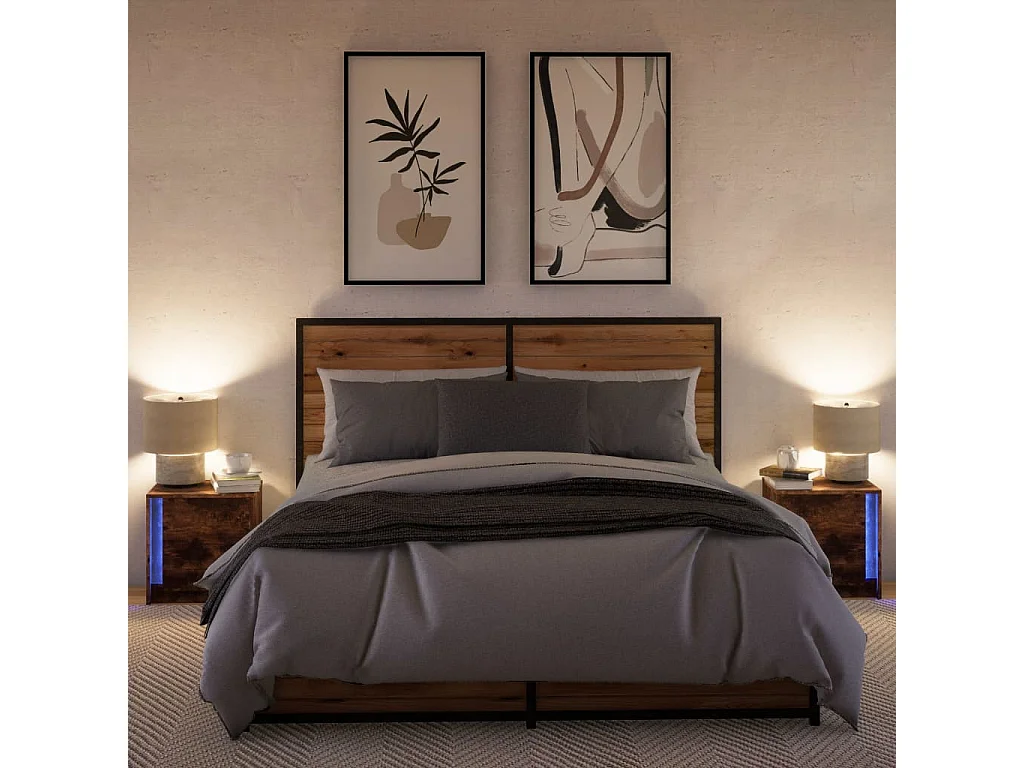 Armoires de chevet et lumières LED 2 pcs chêne fumé