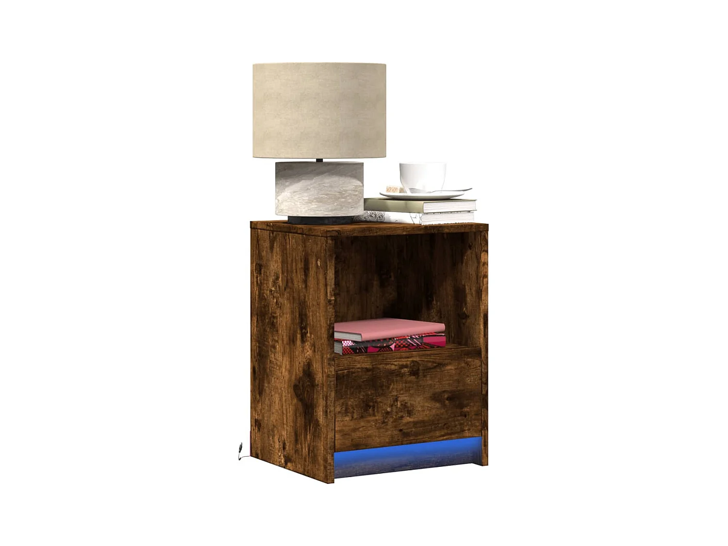 Armoire de chevet et lumières LED chêne fumé bois d'ingénierie