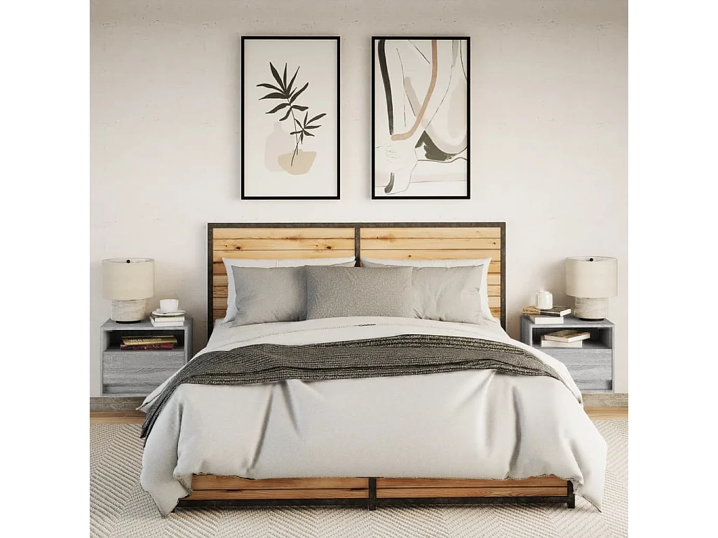 Tables de chevet murales avec lumières LED 2 pcs sonoma gris