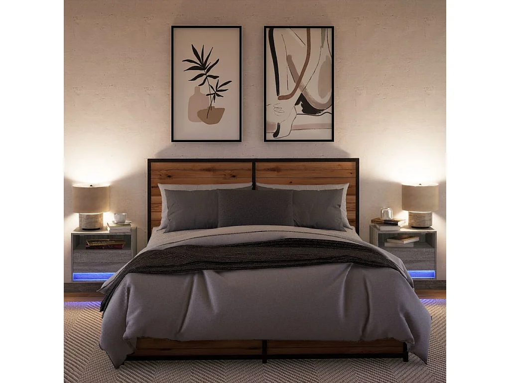 Tables de chevet murales avec lumières LED 2 pcs sonoma gris