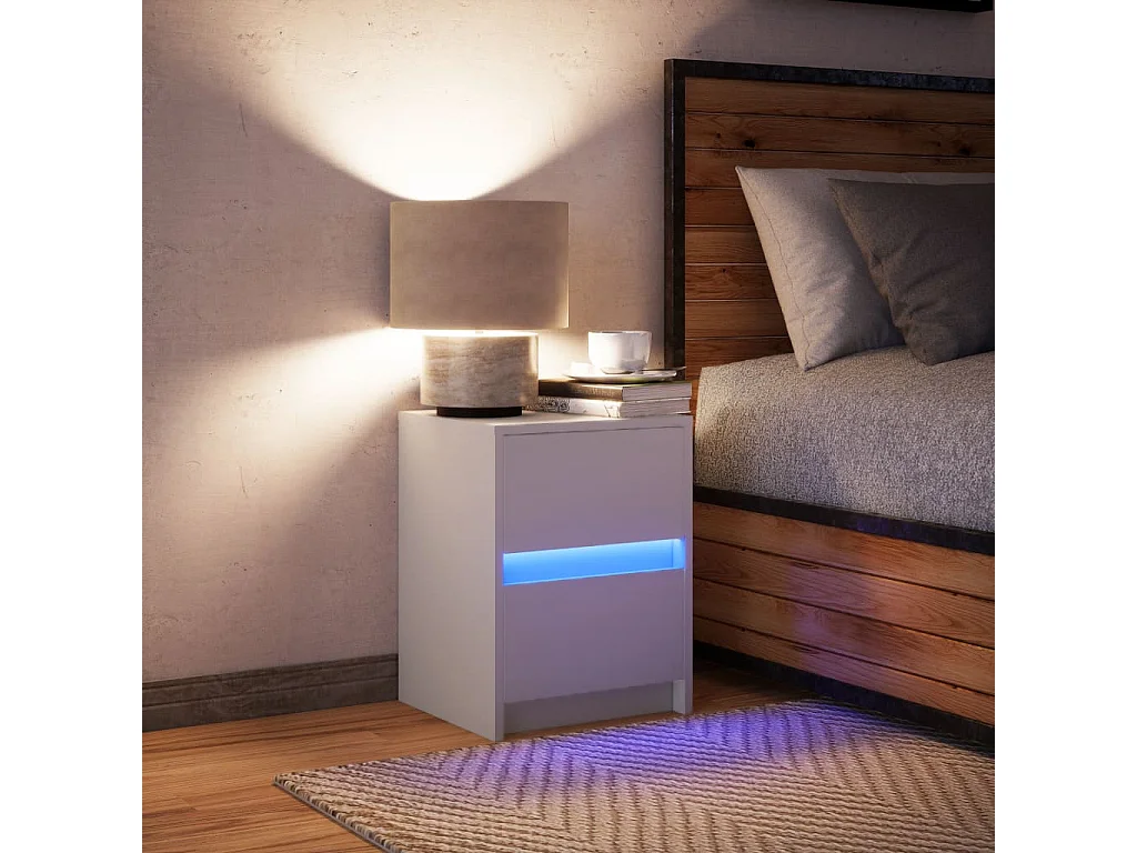 Mesita de noche con luces LED madera de ingeniería blanca