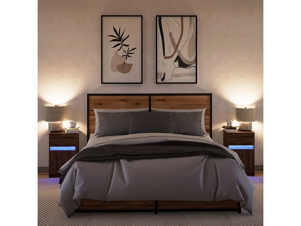 Armoires de chevet et lumières LED 2 pcs chêne marron